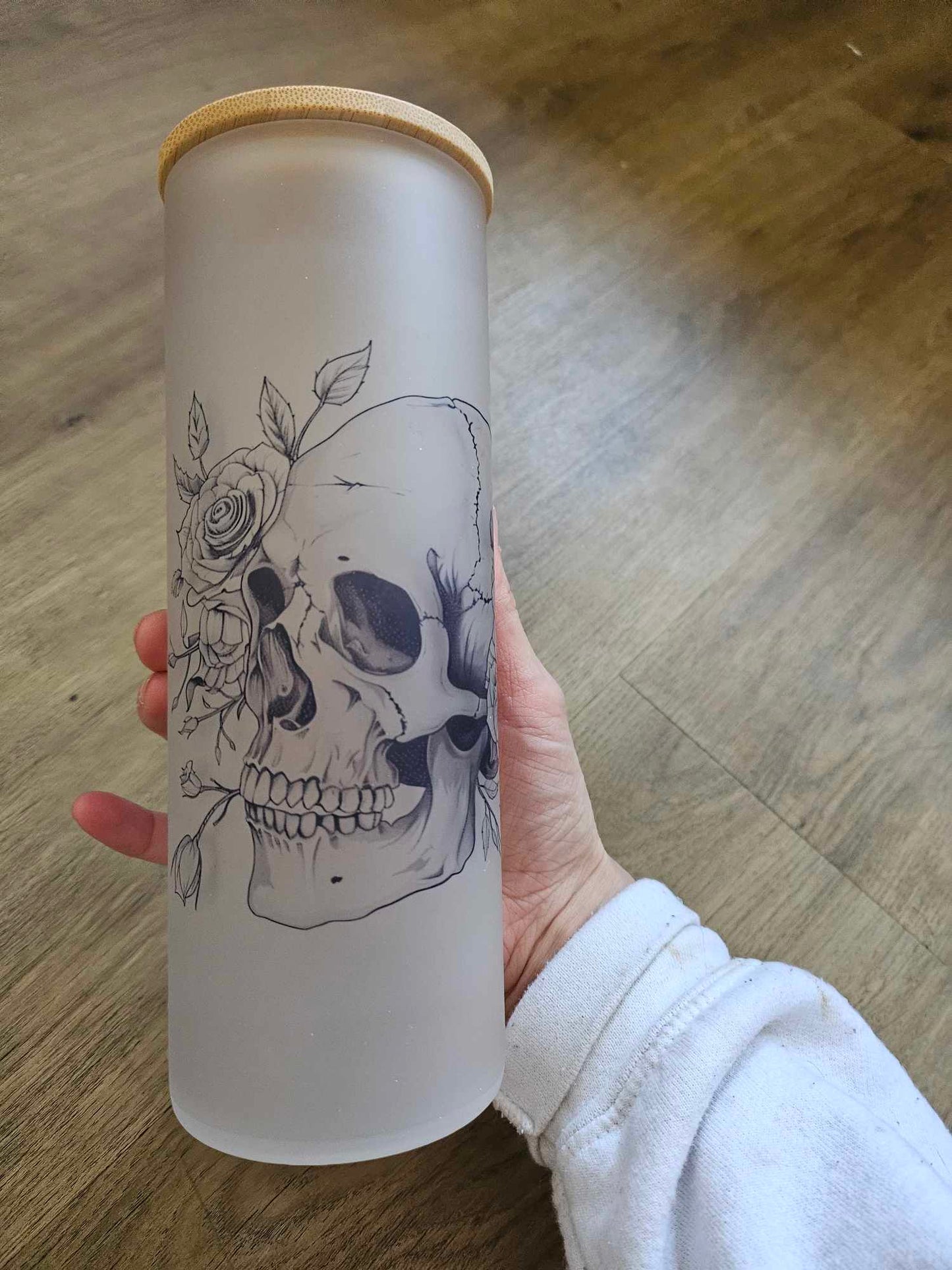 Skull and Flowers Glass Tumbler